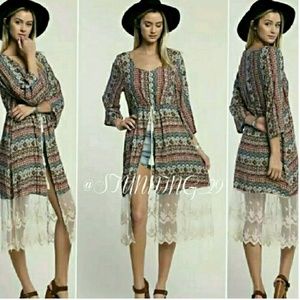 🆕BOHO OLIVE MULTI PRINT LACE HEM DUSTER